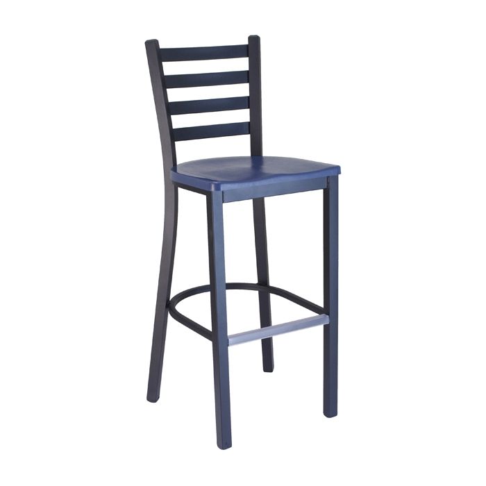 A blue bar stool with a wooden seat and back on a white background.