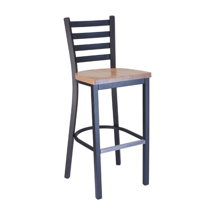 A black bar stool with a wooden seat on a white background.