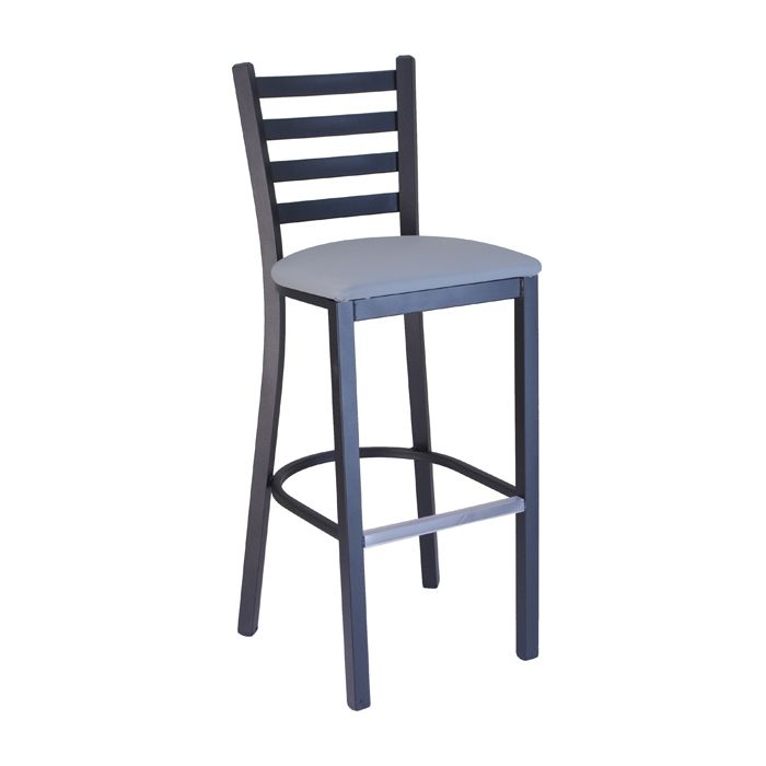 A black bar stool with a grey cushion on a white background.