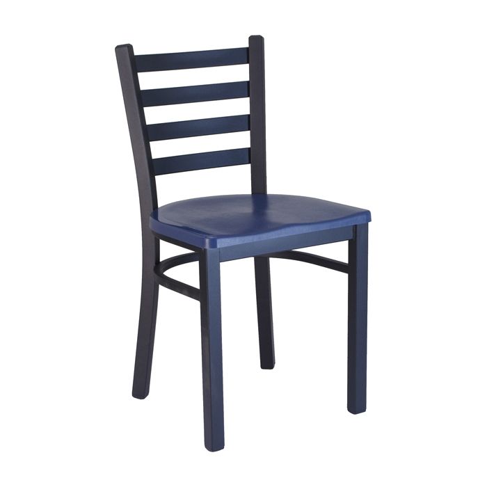 A black wooden chair with a blue seat and back on a white background.