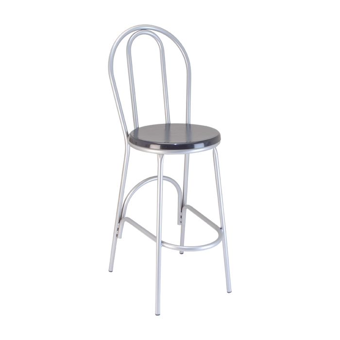 A silver bar stool with a black seat on a white background.