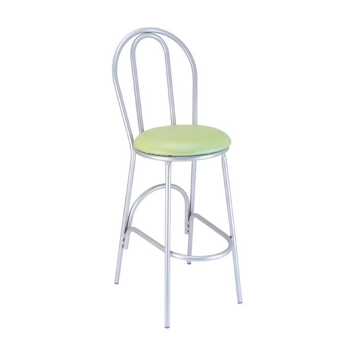 A bar stool with a green cushion on a white background.