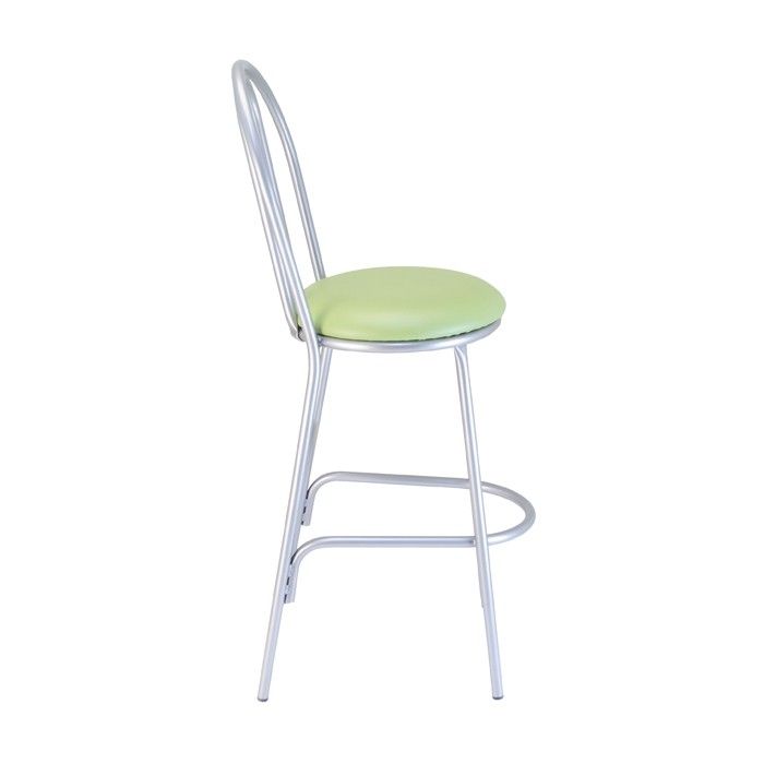 A bar stool with a green cushion on a white background.