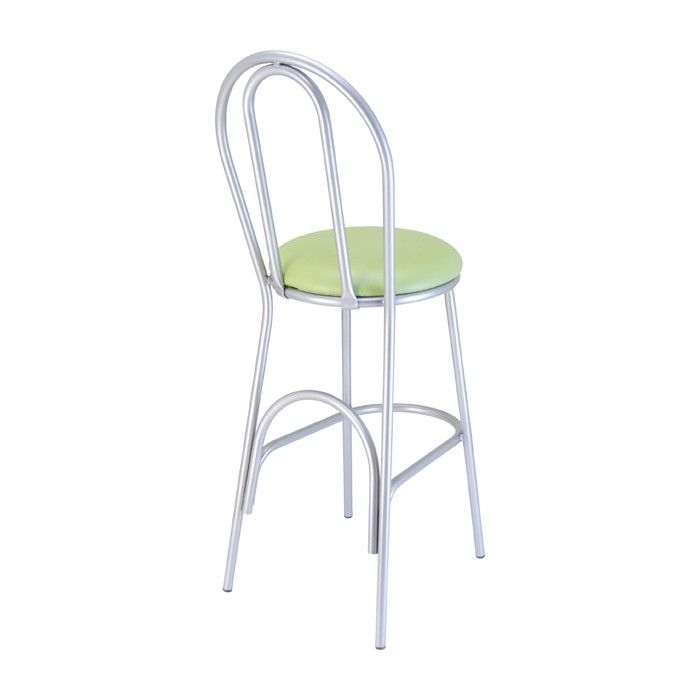 A metal chair with a green cushion on a white background.