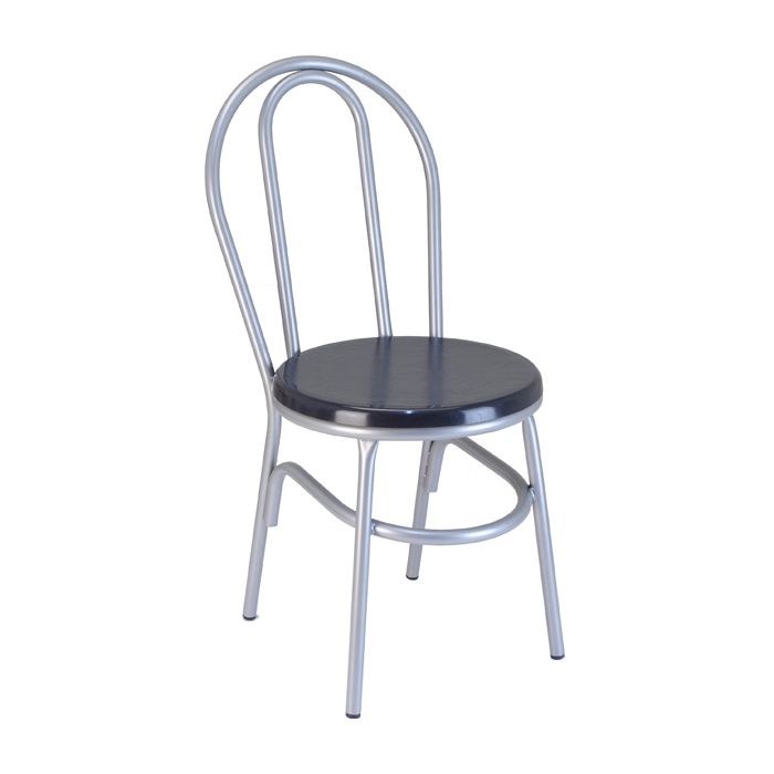 A silver chair with a black seat on a white background