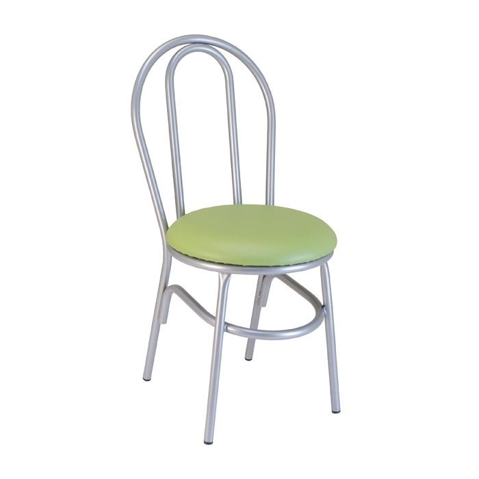A silver chair with a green cushion on a white background