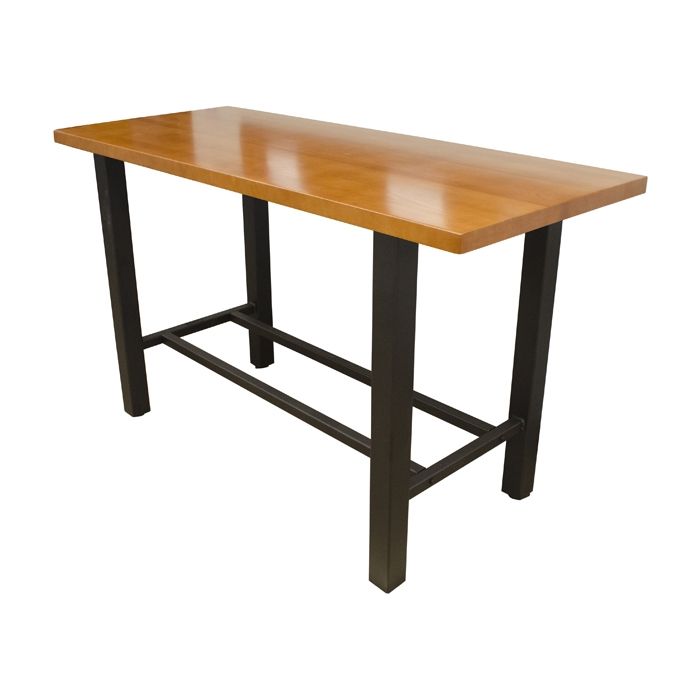 A wooden table with black legs on a white background