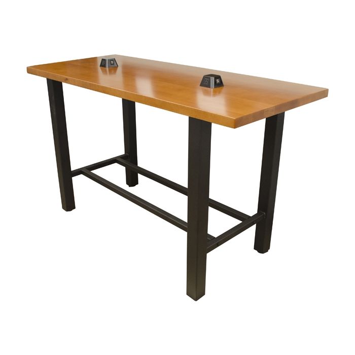 A wooden table with black legs on a white background