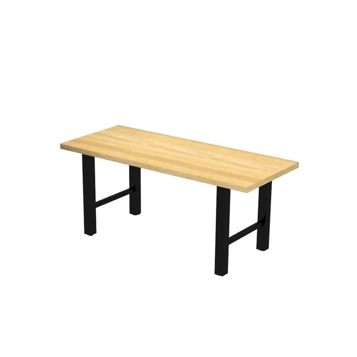 A wooden table with black legs on a white background