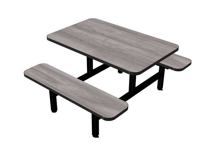 A picnic table with two benches on a white background