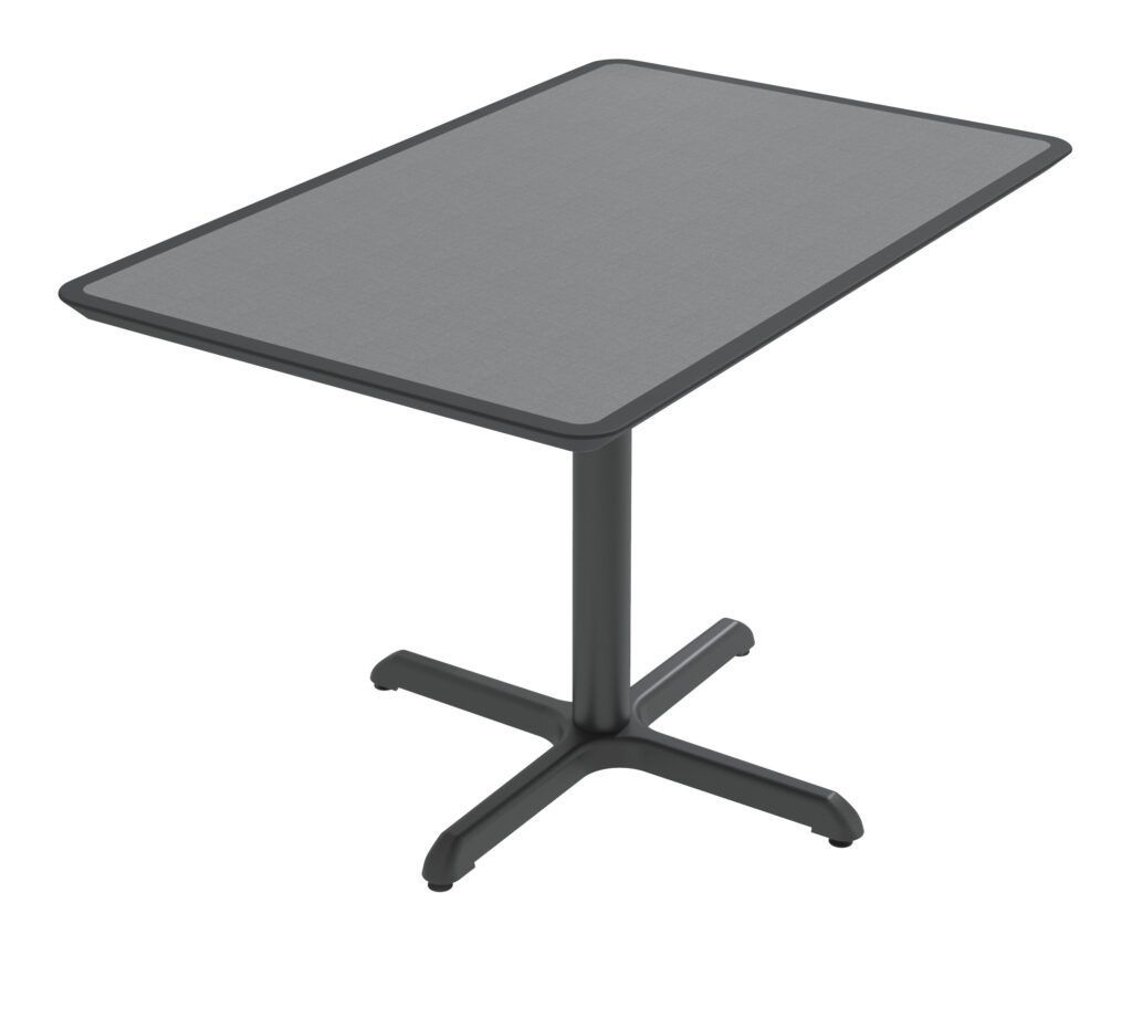 A gray table with a black base on a white background