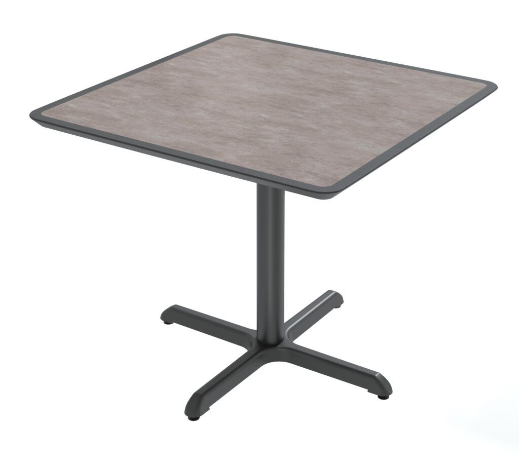 A square table with a black base on a white background