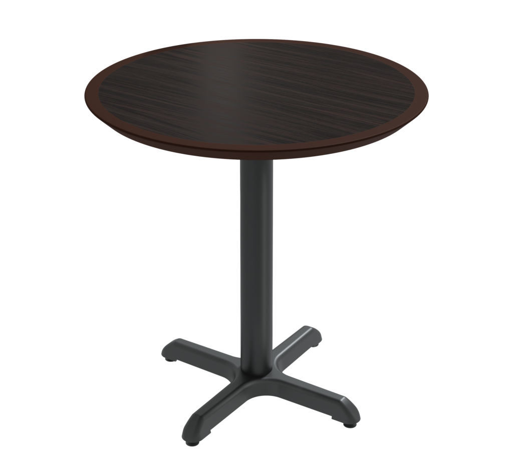 A round table with a black base on a white background