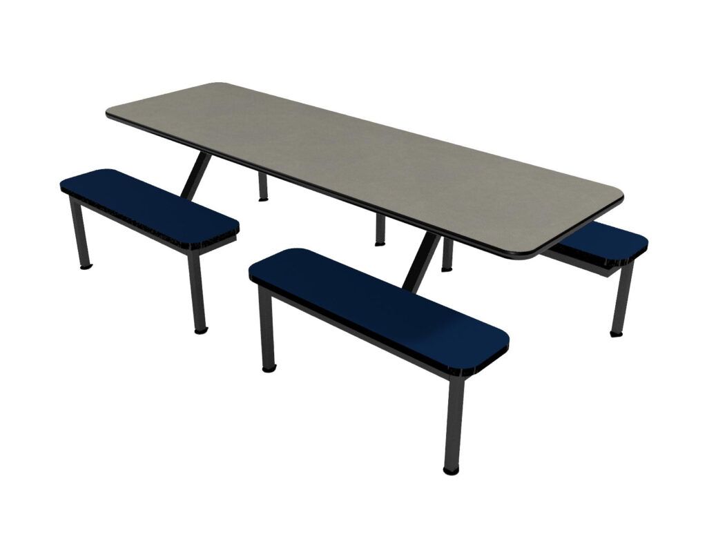 A picnic table with blue benches on a white background