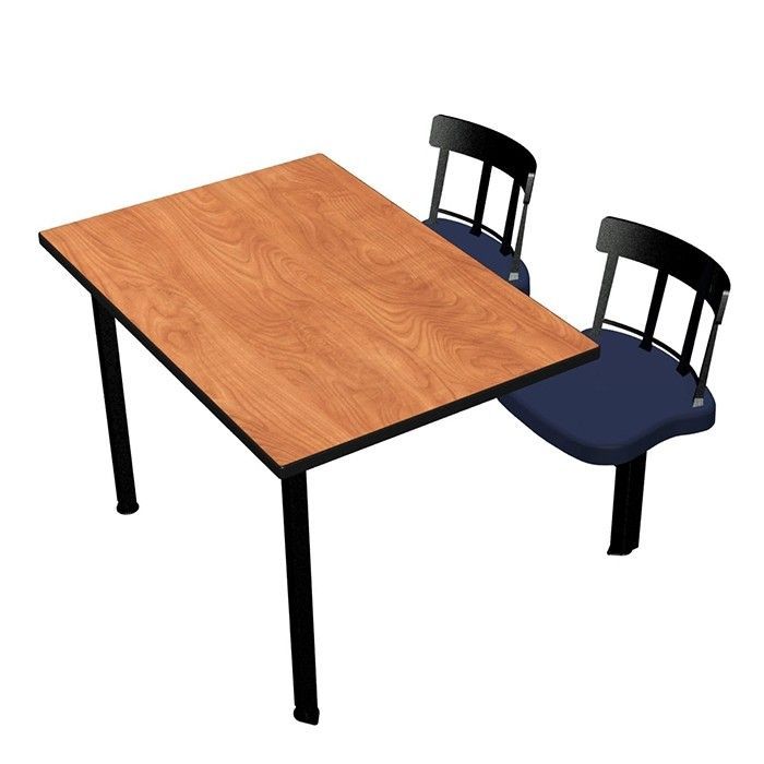 A wooden table with two chairs on a white background