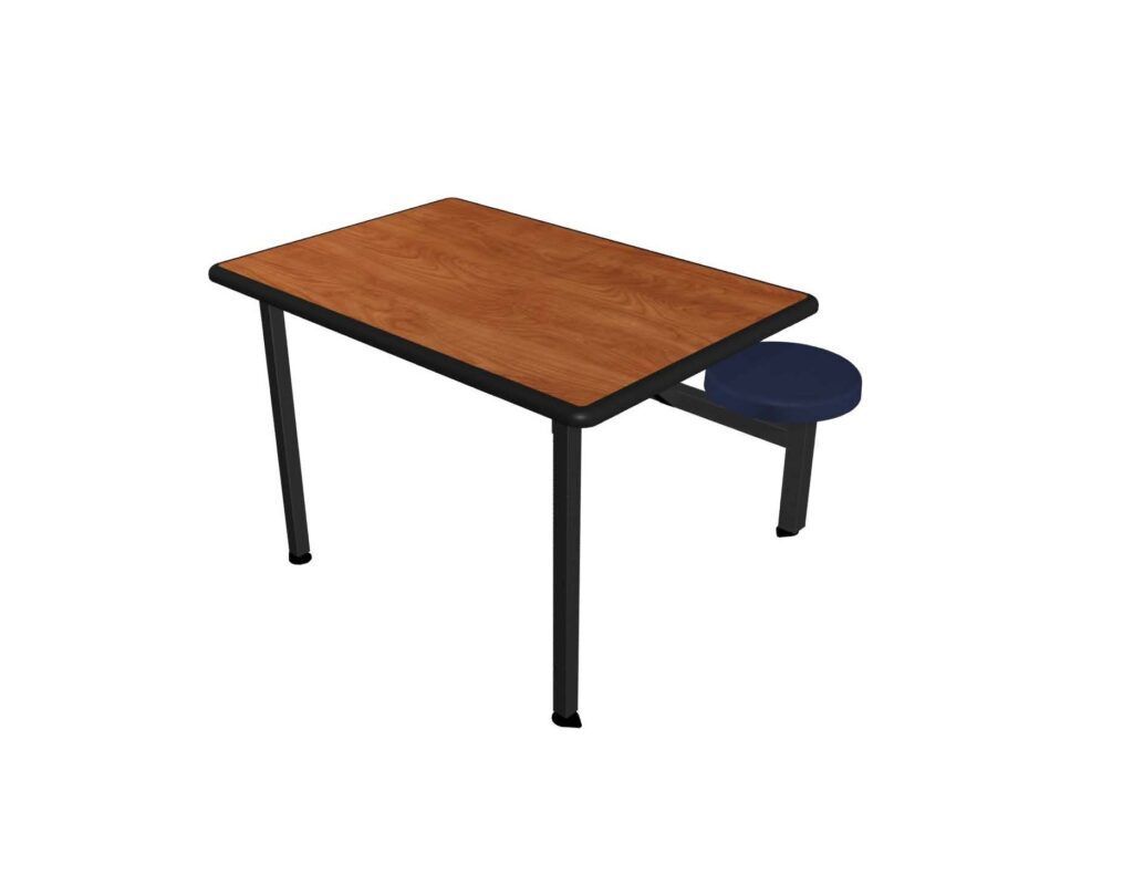 A wooden table with a blue stool underneath it on a white background.