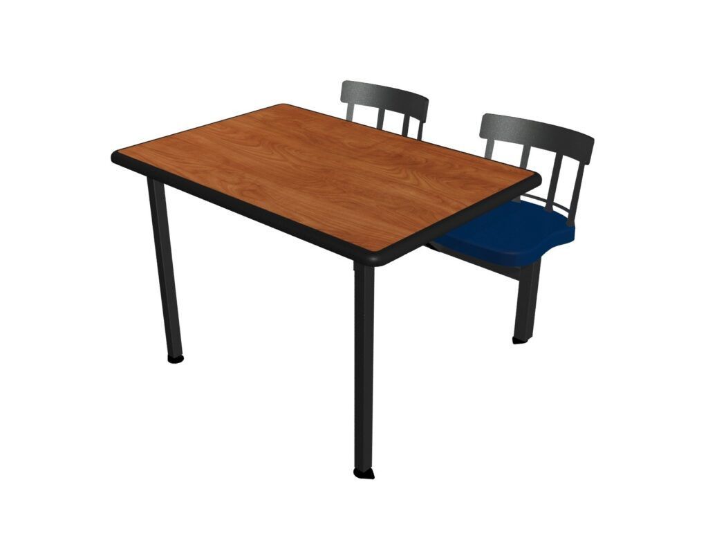A wooden table with two chairs underneath it on a white background.