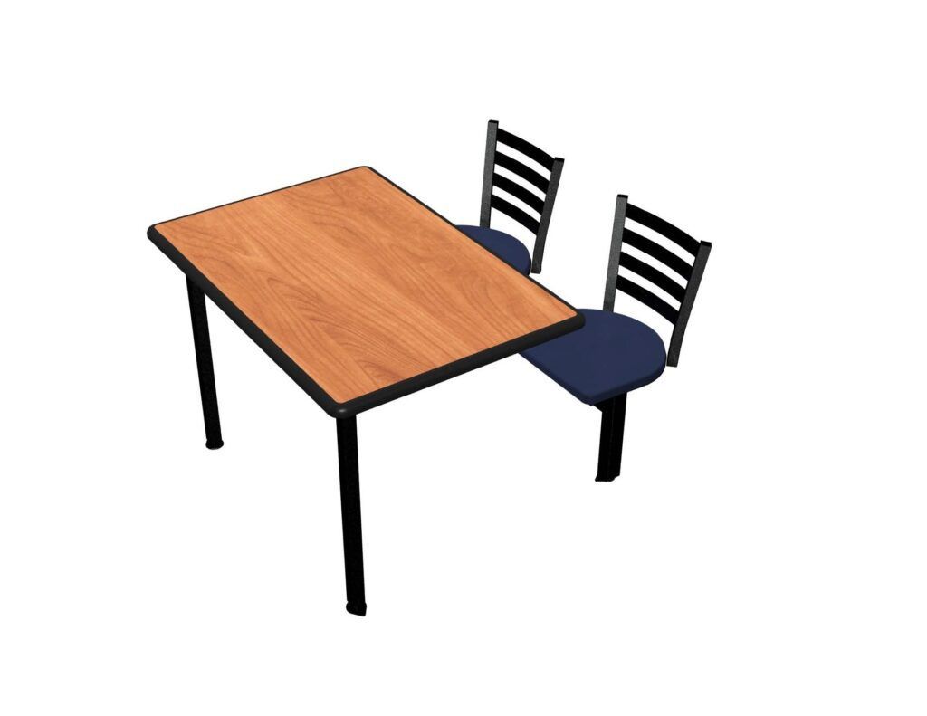 A wooden table with two chairs attached to it on a white background
