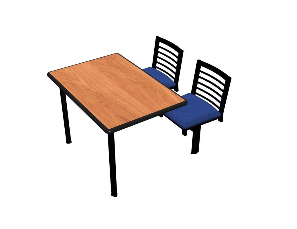 A wooden table and two blue chairs on a white background