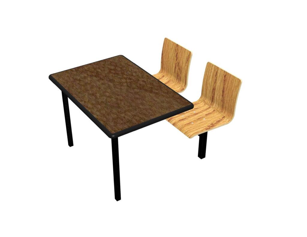 A 3d model of a table and chairs on a white background