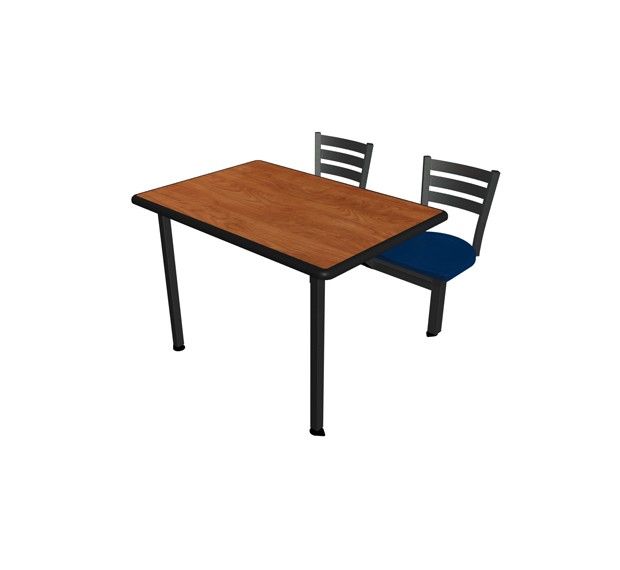 A wooden table with two chairs on a white background.