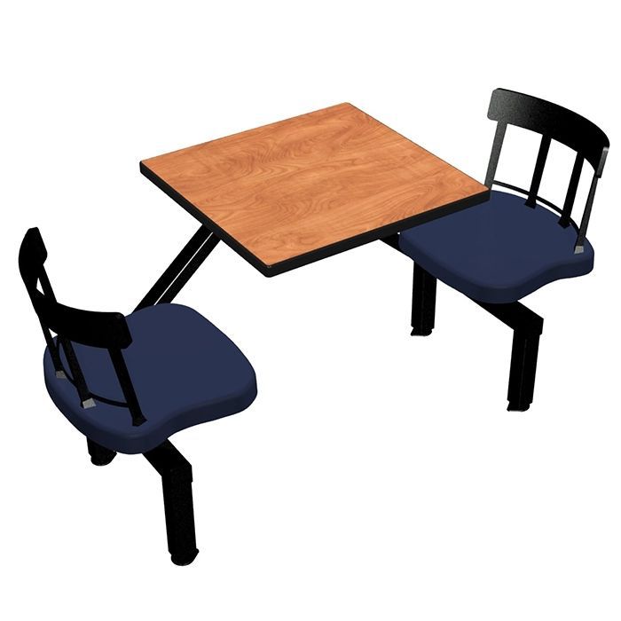 A wooden table with two blue chairs on a white background