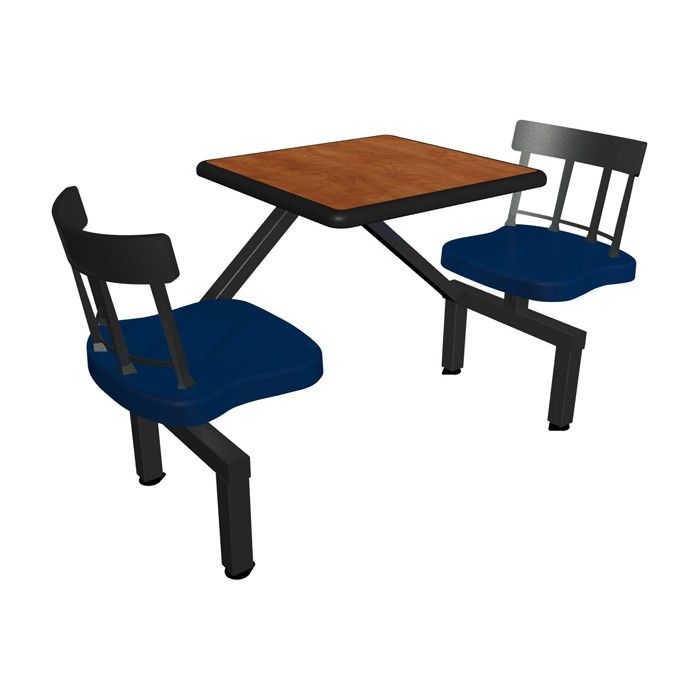 A table with two chairs attached to it on a white background