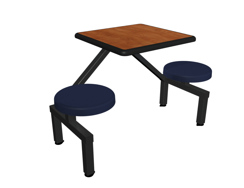 A wooden table with two blue stools attached to it