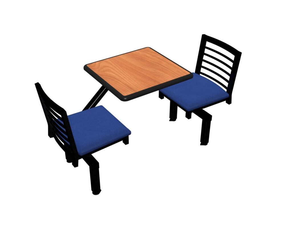 A wooden table and two blue chairs on a white background