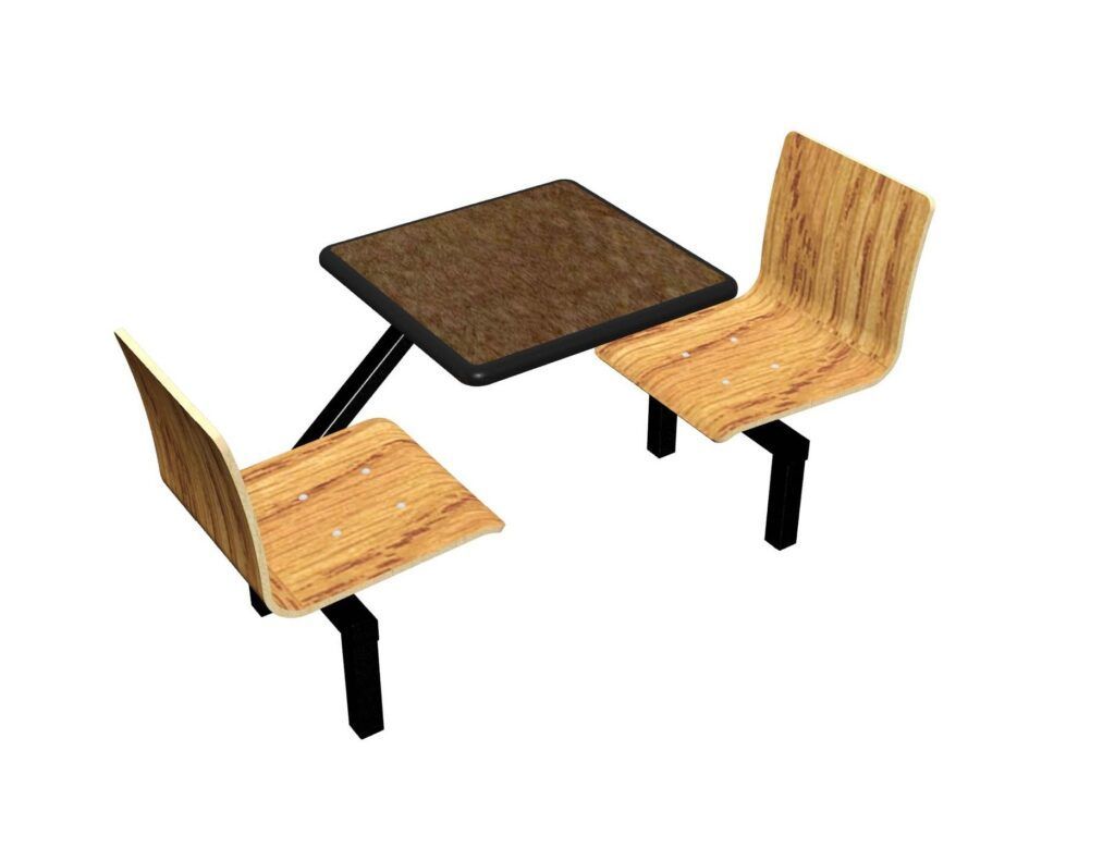 A 3d model of a table and chairs on a white background