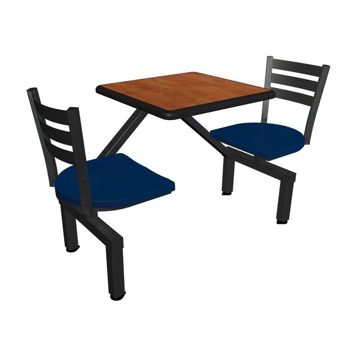 A table with two chairs attached to it on a white background