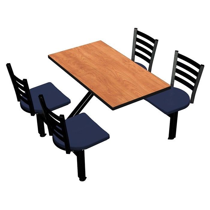 A wooden table with four blue chairs on a white background