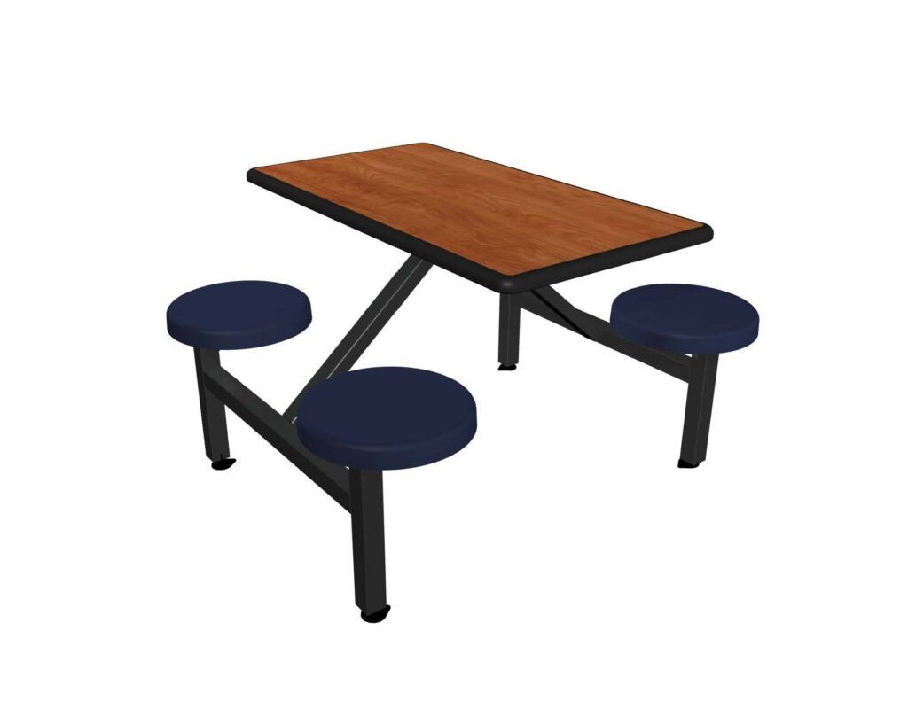 A picnic table with four blue seats on a white background