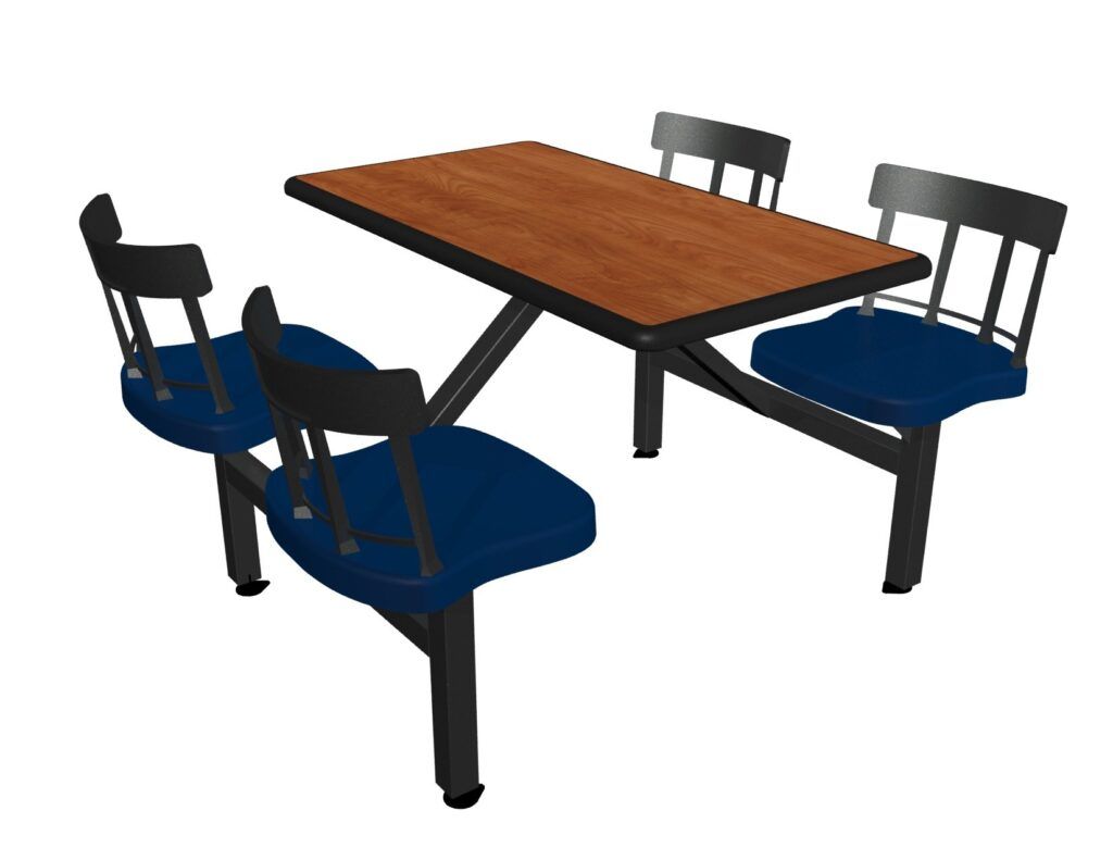 A wooden table with blue seats on a white background