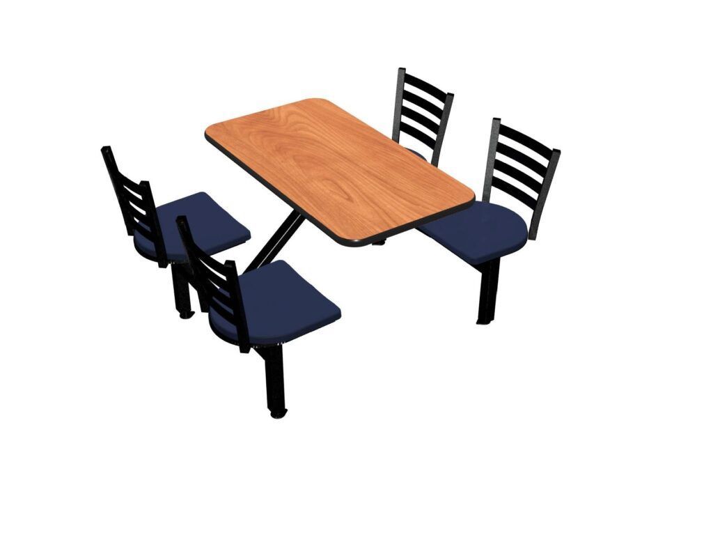 A wooden table and chairs on a white background