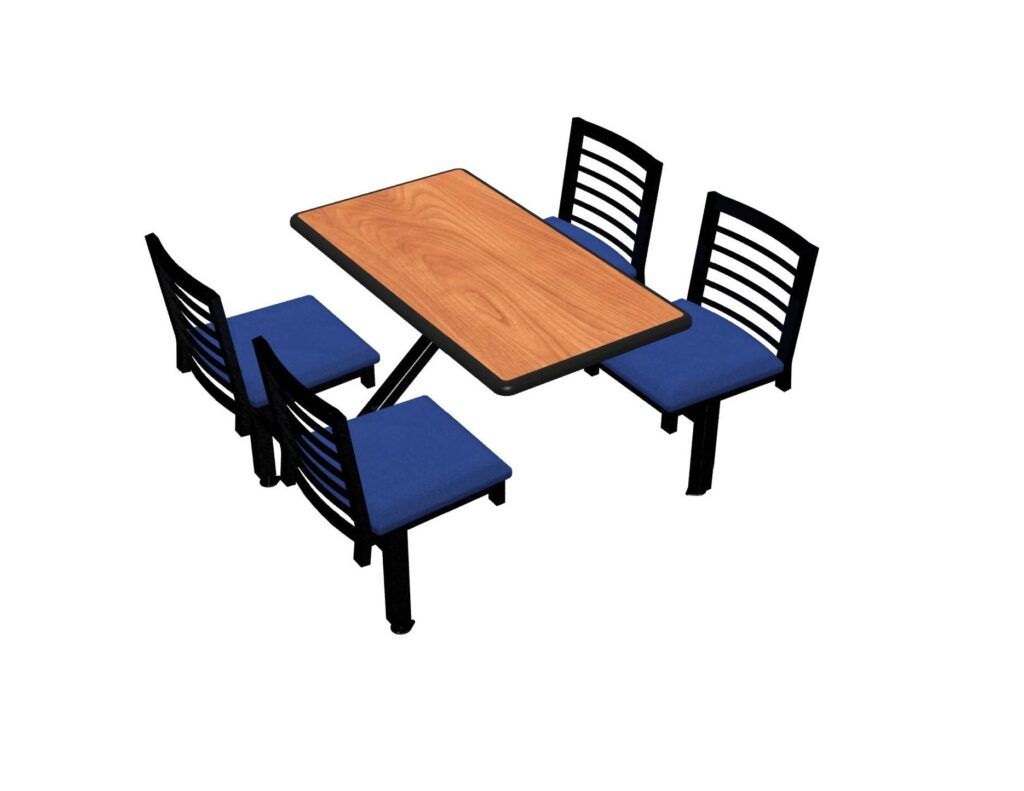 A wooden table with blue chairs on a white background