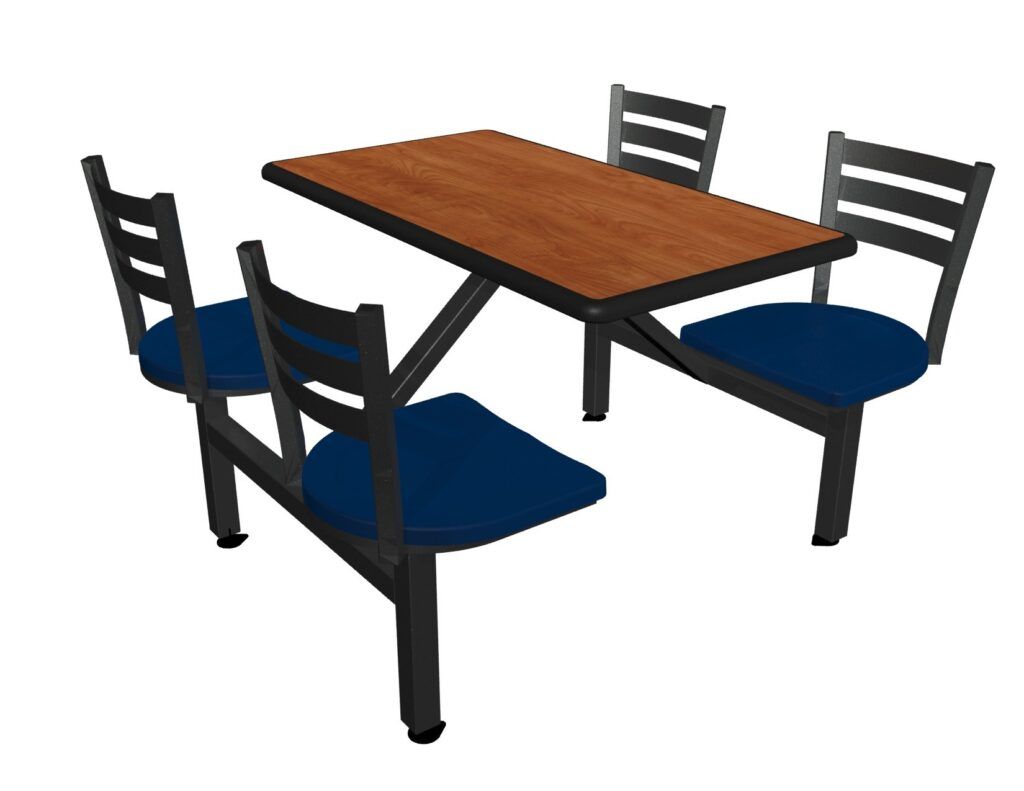 A wooden table with blue chairs on a white background