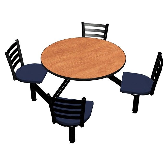 A round table with four chairs around it on a white background