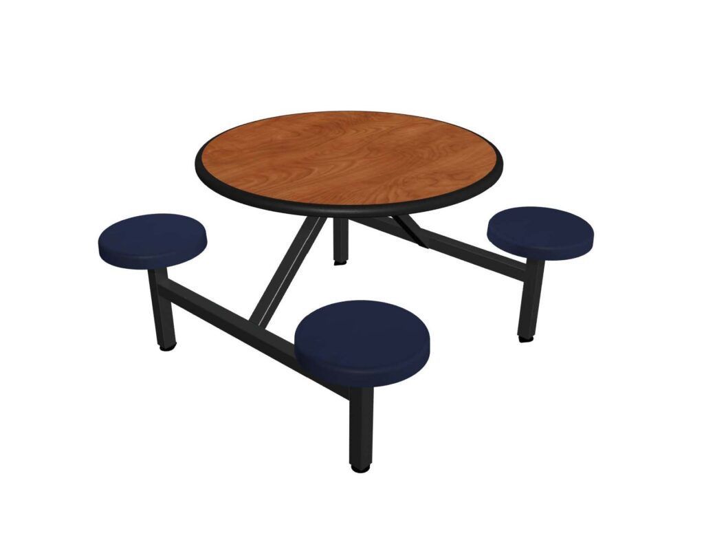 A round table with four blue seats on a white background