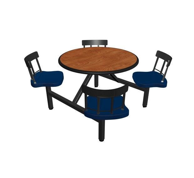 A wooden table with two blue chairs on a white background