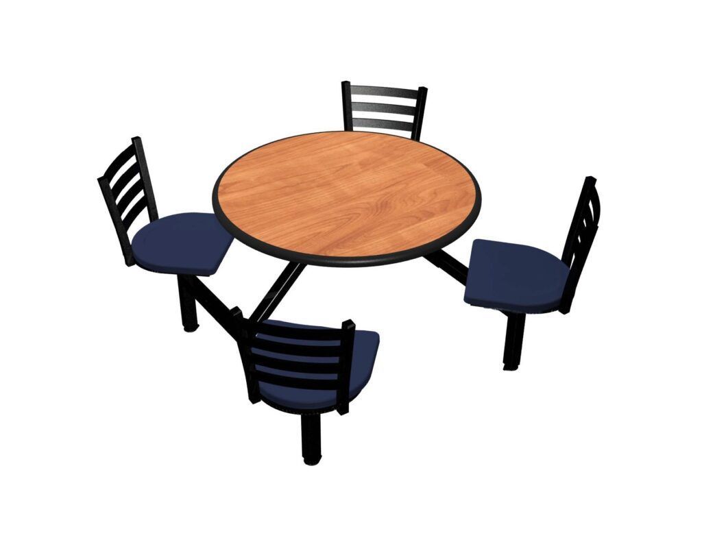 A round table with four chairs around it on a white background