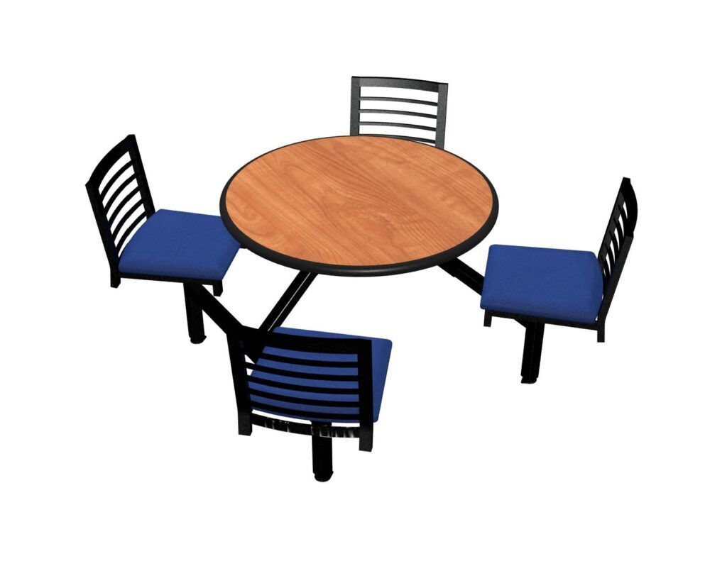 A round table with four blue chairs around it