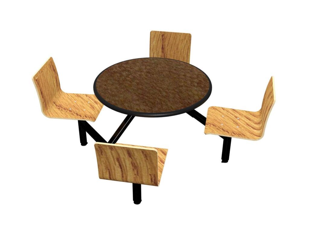 A round table with four wooden chairs around it