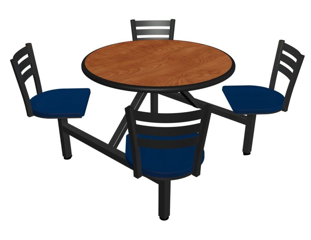A wooden table with two blue chairs around it