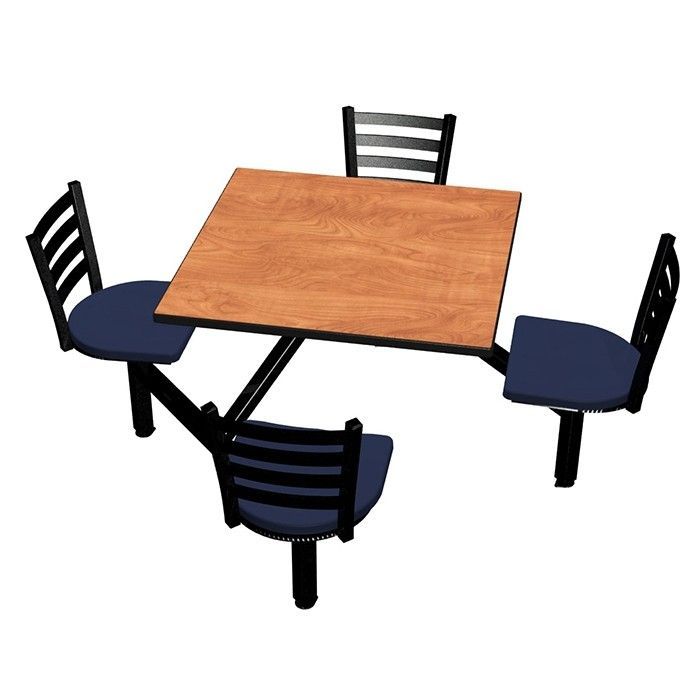 A wooden table with four black chairs on a white background