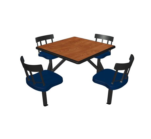 A wooden table with four blue chairs on a white background
