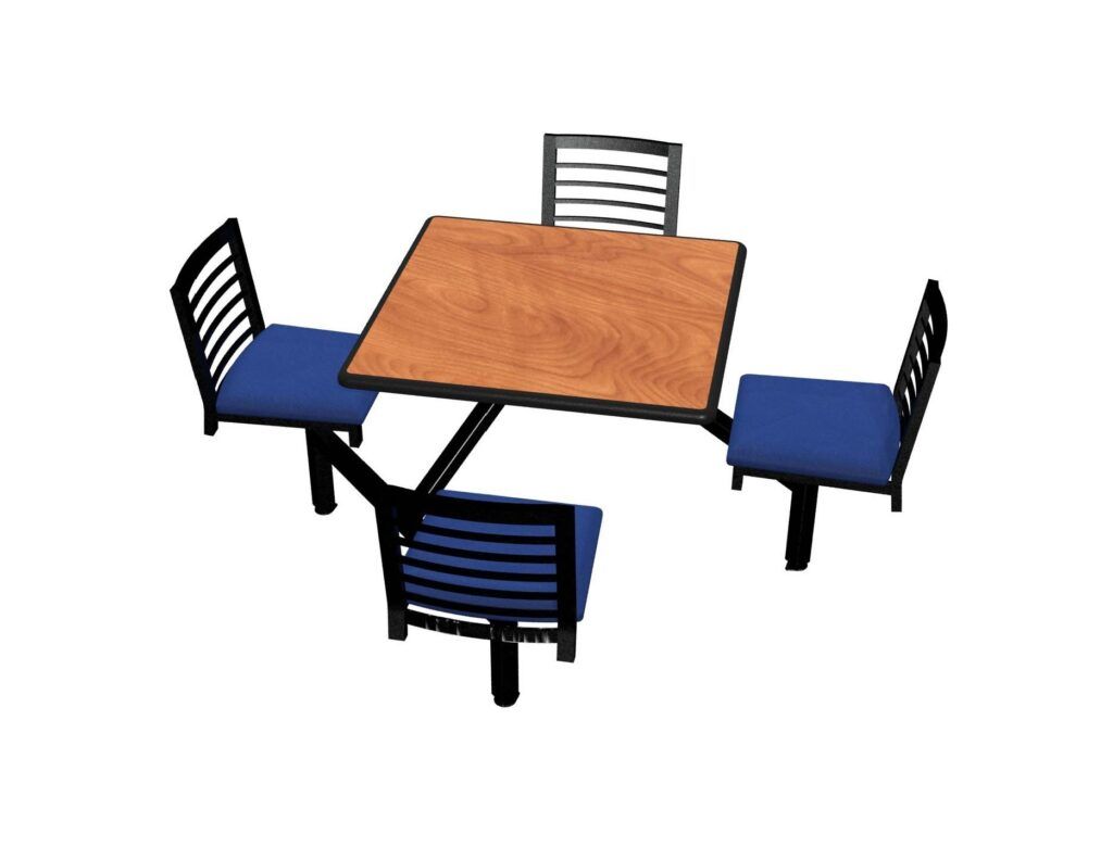 A wooden table with four blue chairs on a white background