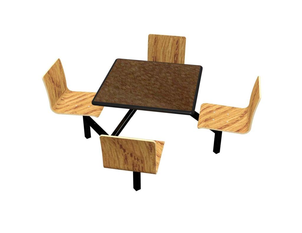 A table with four chairs around it on a white background