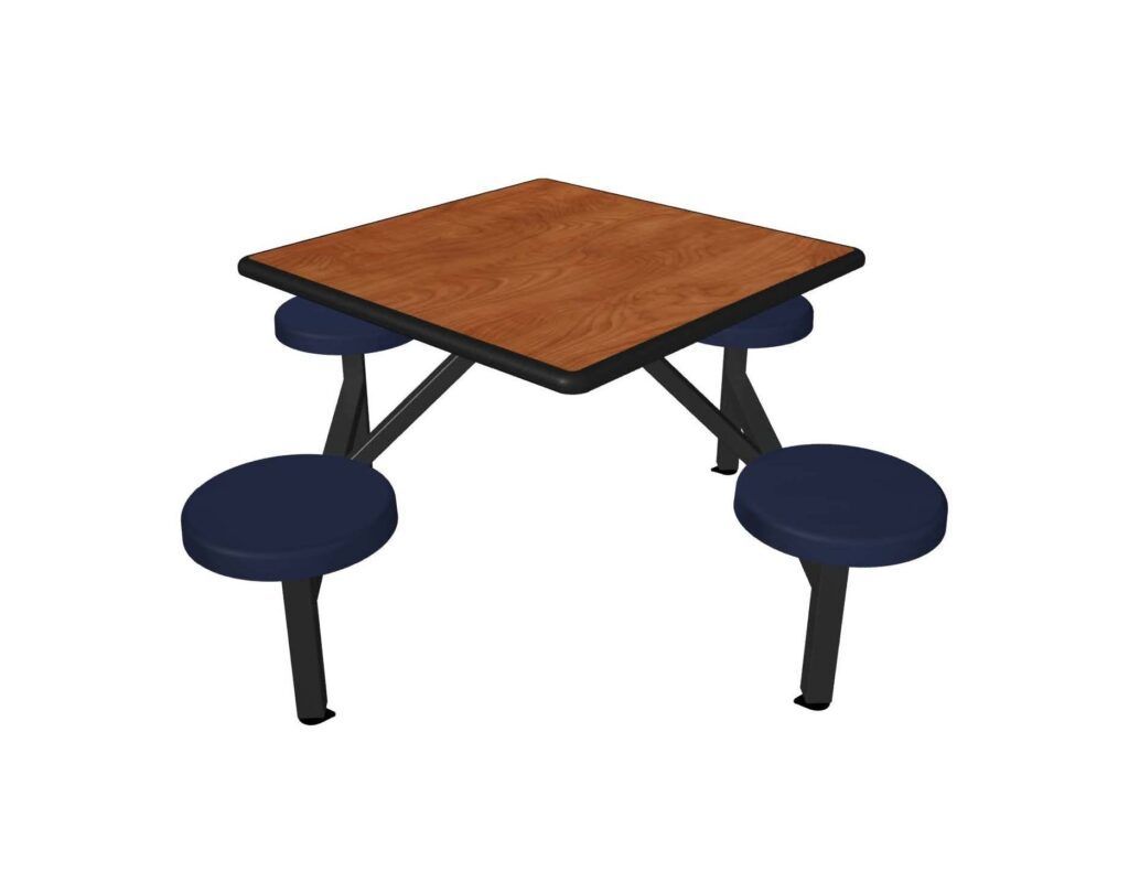 A wooden table with four blue seats on a white background