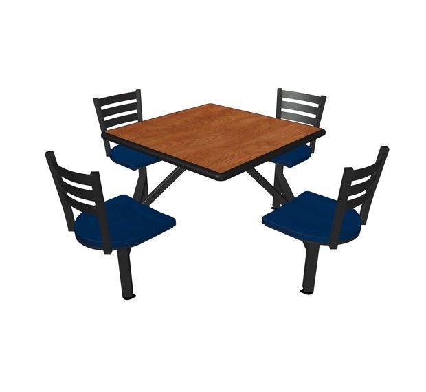 A wooden table with four blue chairs on a white background.